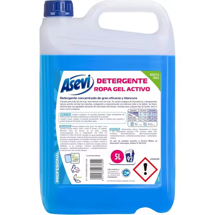 Asevi detergente lavadora gel activo. Detergente para ropa blanca y de color con fórmula concentrada. Aporta blancura deslumbrante y luminosidad 92 Lavados 5L - 1