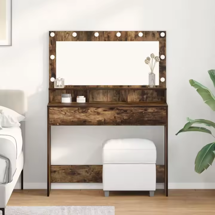Mesa de Maquillaje vidaXL con Luces LED en Roble Ahumado 100x41x135 cm - 1