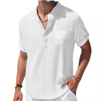 Camisa De Lino Breton Para Hombre Casual Verano Color Sólido Manga Corta Transpirable Suéter Con Bolsillo Top Basic Juvenil - details 2