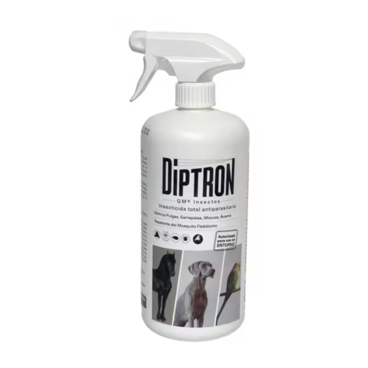 Diptron QM Insectos Insecticida Antiparasitario 1 Litro Tratamiento de parásitos externos en entornos ganaderos y de animales de compañia: establos, cuadras, perreras- Elimina pulgas, garrapatas, moscas, acaros - Repelente de mosquito flebotomo - Quimunsa - 1