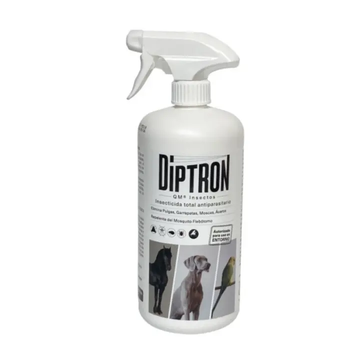 Diptron QM Insectos Insecticida Antiparasitario 1 Litro Tratamiento de parásitos externos en entornos ganaderos y de animales de compañia: establos, cuadras, perreras- Elimina pulgas, garrapatas, moscas, acaros - Repelente de mosquito flebotomo - Quimunsa - 1