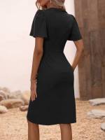 Vestido De Falda Irregular Para Mujer Con Cintura Definida Y Cuello En V Estilo Europeo Y Americano Vestido De Oficina De Rodilla - details 2
