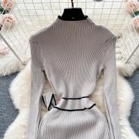 Vestido Bodycon Largo Elegante Con Ribbed Contrastado Tejido Muy Estirable Para Mujer Otoño Invierno Con Cinturón Y Bandage Streetwear Vestido De Mujer - details 3