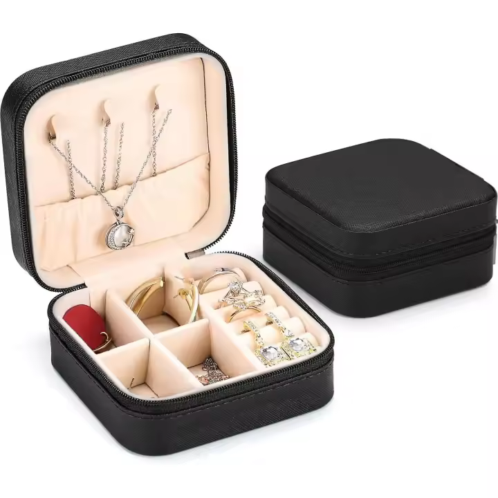 Organizador de joyas: Mini Caja de almacenamiento de joyas de viaje, estuche Organizer de exhibición de Collares portátil para Mujeres en Negro - 1