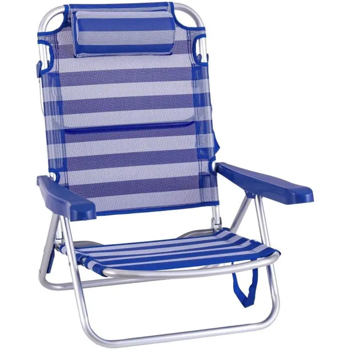 Silla Playa Plegable Ligera Portátil , Baja y Reclinable de 4 Posiciones con cojín  para Camping, Piscina, Terraza o Jardín Azul y Blanco. - 1