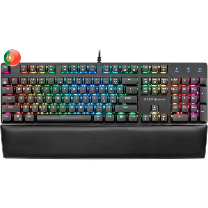 Mars gaming mk5 teclado mecanico rgb - 435x129x37mm - switches outemu sq - diseño gaming solido - iluminacion full rgb - reposamuñecas acolchado - software de control profesional - portugues - color negro - 1