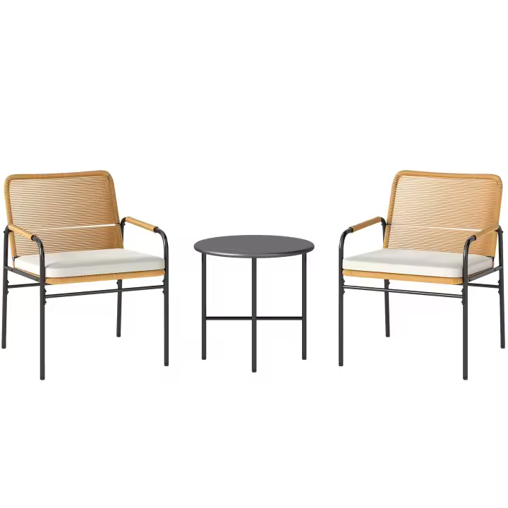 Outsunny Conjunto de Jardín Exterior de 3 Piezas Muebles de Jardín con 2 Sillas con Cojines Extraíbles Lavables y Mesa de Terraza con Tablero de Metal Resistente para Balcón Patio Natural y Crema - 1