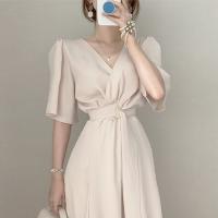 Vestido REALEFT Para Mujer Verano Otoño Manga Acolchada V-Neck Cinturón Frontal Cruzado Elegante Casual A-Line Midi Para Oficina - details 1