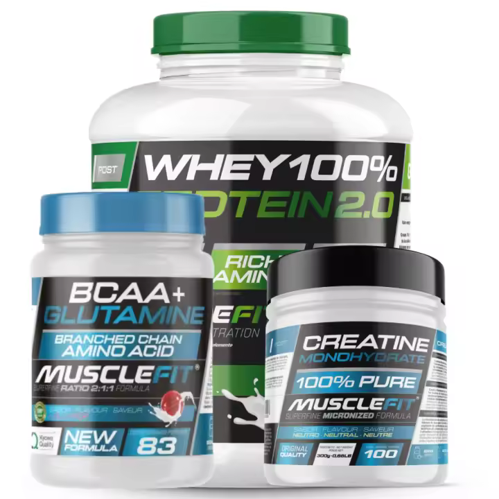 Pack Súper Ahorro Proteína Whey 2kg Creatina Monohidrato 300g Glutamina BCAA 500g  Musclefit MUSCLEVIP - 1