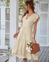 Vestido Largo Medio De Verano Para Mujer Con Manga Volante Y Cuello V Estilo Casual Suelto A-Line Sin Capucha Material Viscosa Y Poliéster - details 2