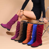 Botas De Media Caña Cómodas Para Mujer Con Punta Redonda, Slip-on, Tacón Medio, Plataforma, Upper De Tela, Suela De TPR, Diseño Clásico. - details 0