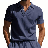Camisa POLO de manga corta con solapa y botones, informal, de lino, transpirable, estilo británico, de verano para hombre - details 19