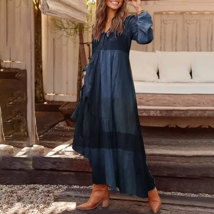 Vestido Largo Elegante Para Mujer ZANZEA Con Manga Larga Vintage Verano Plaid Bohemio Cuello V Bolsillos Manga Completa Algodón Rayón - 1