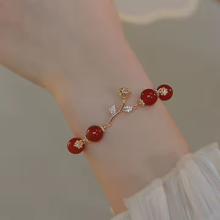 Pulsera Ajustable De Agates Rojas Naturales Doradas Para Mujer Joyería Fina De Estilo Suave Adornos Charms Metálicos De Zinc - 1