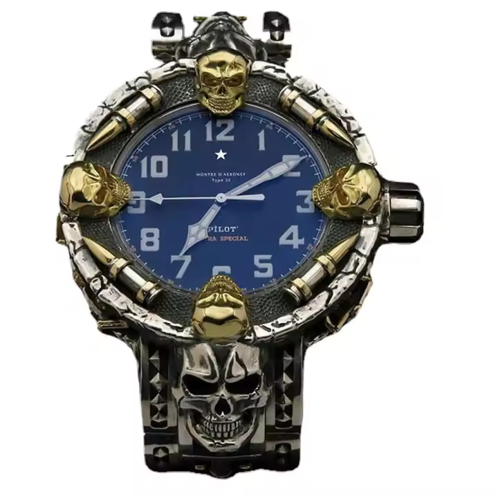 Reloj de hombre con diseño de calavera y bala: diseño en plata y oro, estilo versátil y caja de regalo. - 1