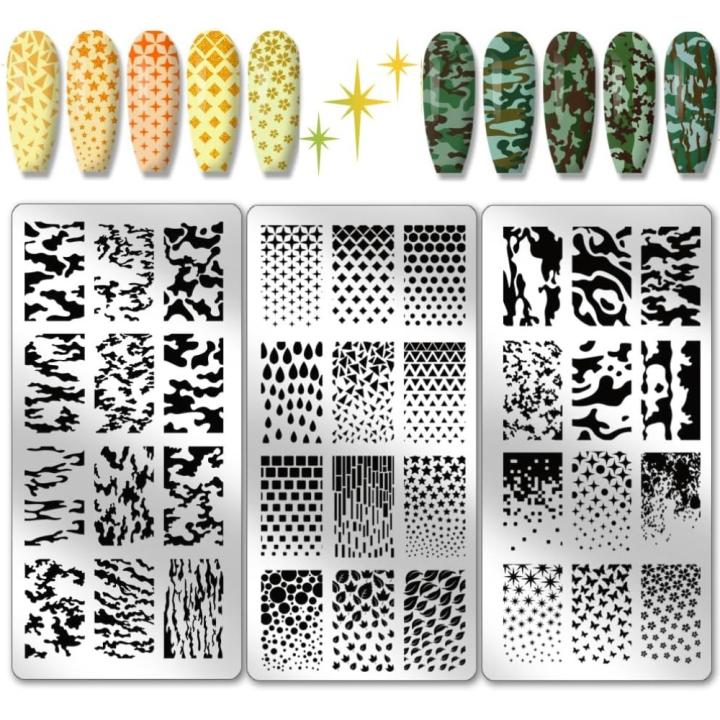 Kit De Estampado De Uñas 3pcs Placa De Estampado De Uñas Con Patrones De Textura Camuflaje Y Geométrico Herramienta De Decoración De Uñas De Acero Inoxidable