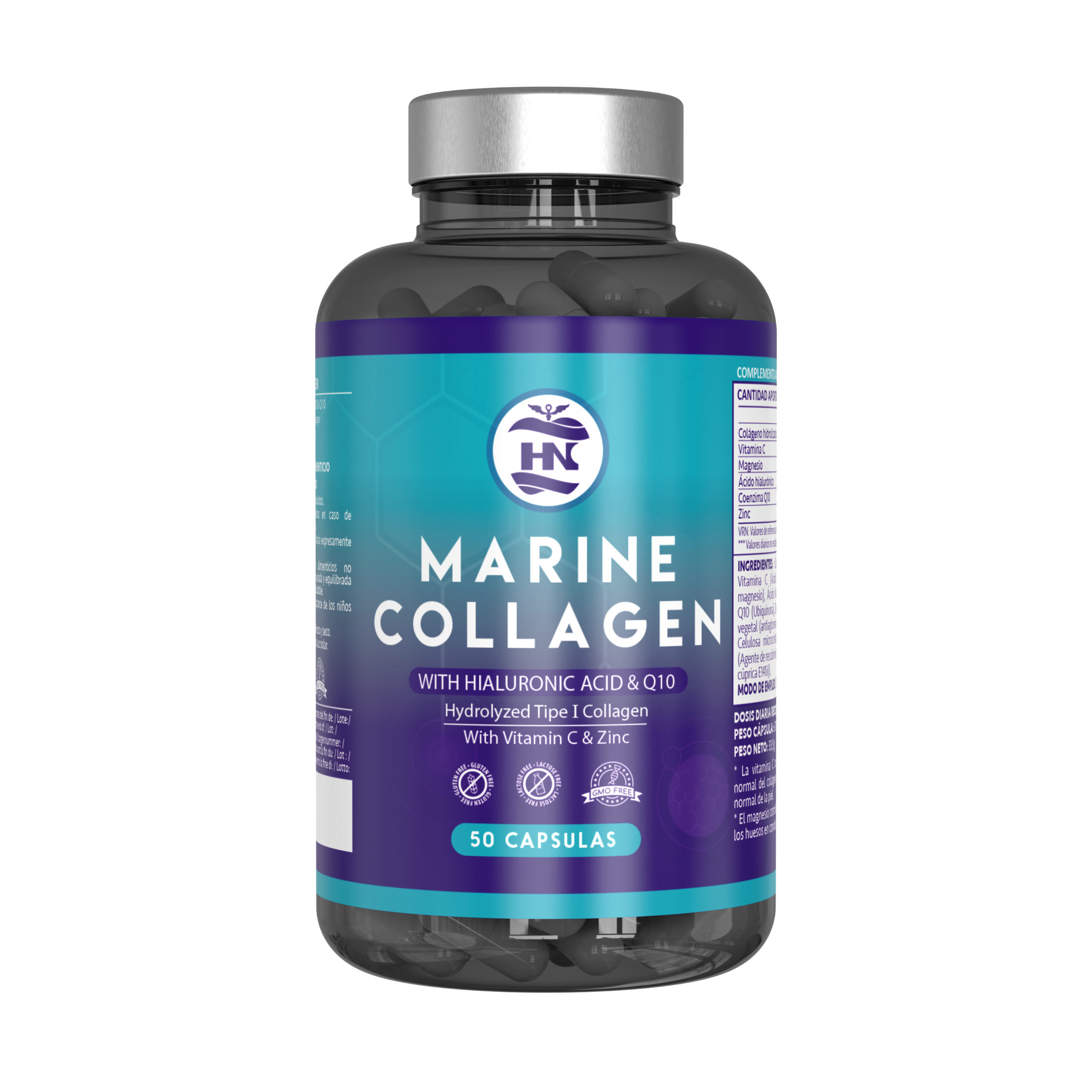 HN - Healthy Nutrition Colageno Marino Hidrolizado Puro con Acido Hialuronico y Vitamina C - Coéncima Q10 y Zinc - 50 Caps - Marine Collagen, Colágeno Marino con Acido Hialurónico (1 Bote (50 Caps))