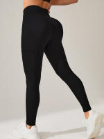 Tight-fitting Yoga Pants Para Mujer Negros Con Bolsillos Lado Elevador De Caderas Fitness High-waisted Leggings Cómodos De Pierna Larga Material Nylon Spandex - details 2