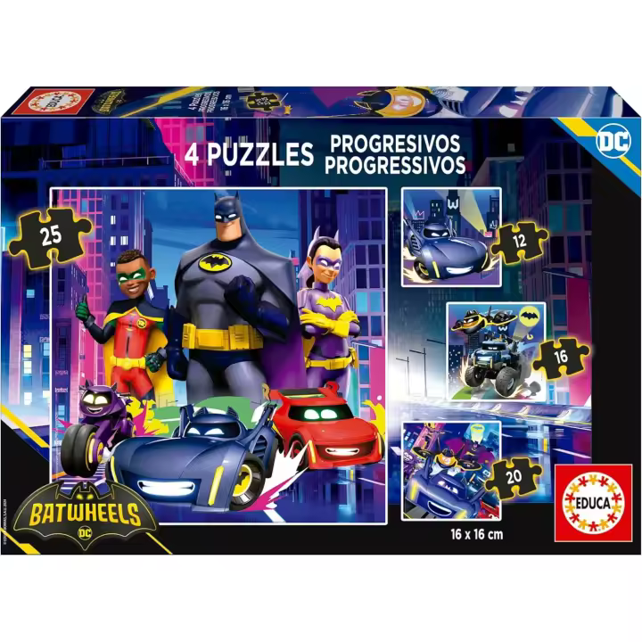 Educa -Batwheels 4 Puzzles progresivos Infantiles de 12-16-20-25 Piezas Cada uno + 3 años Educa 20105 - 1