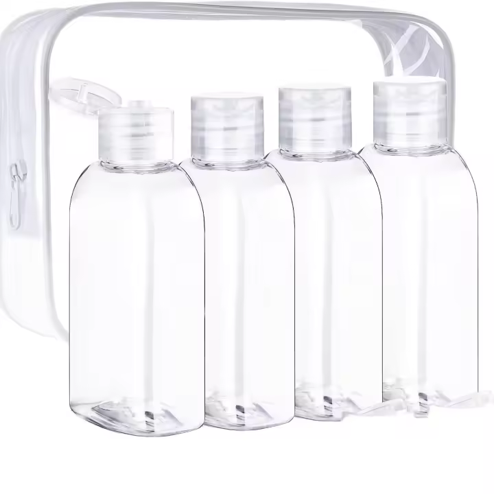 4pcs Botellas De Viaje Reutilizables De 100ml Con Etiquetas Y Bolsa De Almacenamiento Marrón Transparente Plástico Dispensador De Shampoo Multiusos - 1