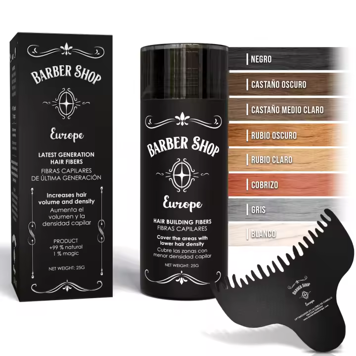Barber Shop Europe - Kit Fibras Capilares + Optimizador- FIBRAS CAPILARES - Microfibras Capilares - Fibra Capilar para Más Densidad y Disimular Calvicie - Maquillaje Capilar para Caida del Cabello Mujer y Hombre - Hair Building Fibers - 1