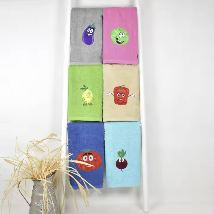 CASTMA GARANTIA DE ALTA CALIDAD - Set de 6 Paños de Cocina Bordados FUNNY FRUITS 50x50cm 100% Algodón - 1