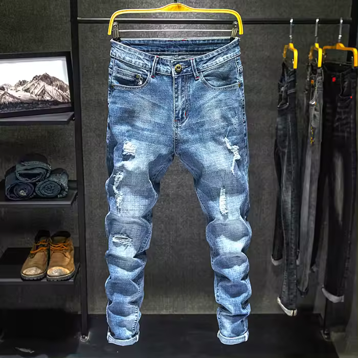 Jeans De Stretch Para Hombre Estilo Slim Ripped Hip Hop Streetwear Coreano Vintage Con Agujeros Pantalones De Pierna Estrecha Para Hombre - 1