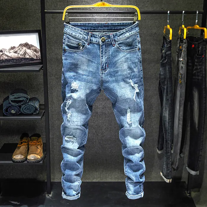 Jeans De Estilo Coreano Y Hip Hop Para Hombres Con Agujeros Y Desgaste Vintage Pantalones Slim Ajustados Y Rotos Para Callejeo - 1