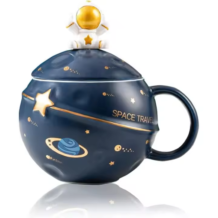 Taza de astronauta con relieve espacial, taza de café de cerámica, taza novedosa con tapa y cuchara para café, té, leche, decoración estética de la habitación - 1