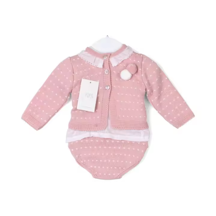 Conjunto tres piezas punto bebé: chaqueta y camisa manga larga cuello volante y cubrepañal-25197-Popys - 1