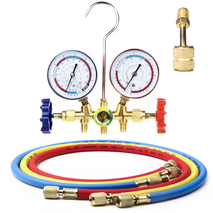 Juego De Medidores De Presión Para Aire Acondicionado 3 Caminos Con Tubo Y Gancho Para Freón Compatible Con R12 R22 R404A R134a - 1