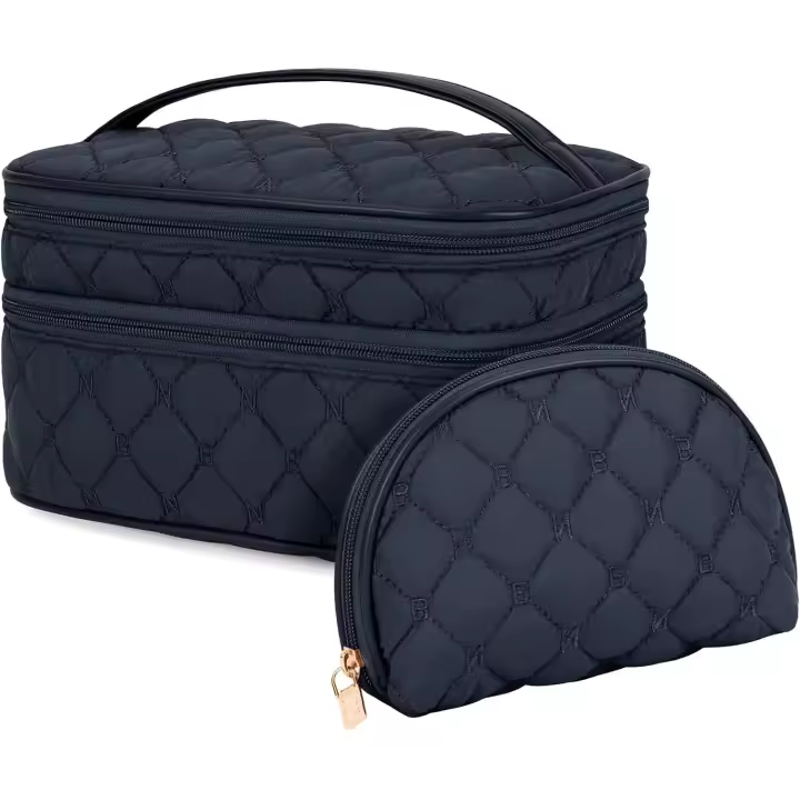 Bolsa de maquillaje para mujer, neceser portátil, grande, de doble capa, resistente al agua, color rosa - 1