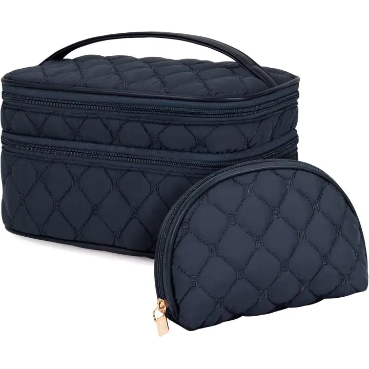 Bolsa de maquillaje para mujer, neceser portátil, grande, de doble capa, resistente al agua, color rosa - 1