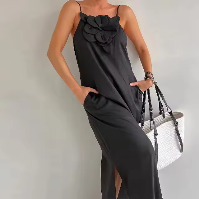 Vestido Elegante De Verano Con Flores 3D Y Manga Larga De Algodón Y Hémpa Estilo De Vacaciones Sin Mangas Cintura Alta Rotura Top Equipo - 1