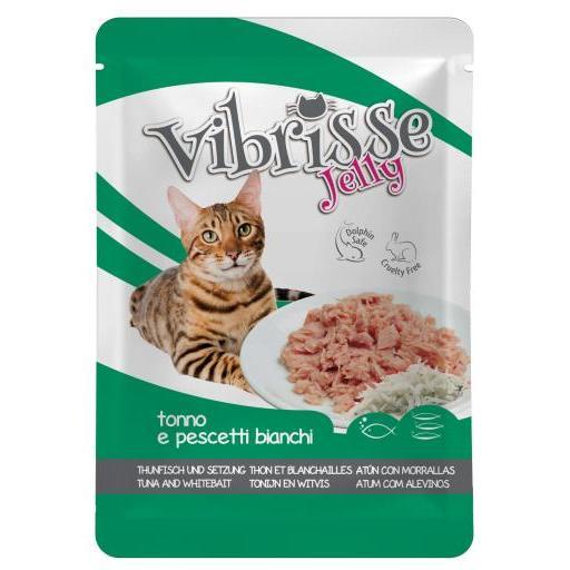 Wet cat food with tuna and white fish in gelatin