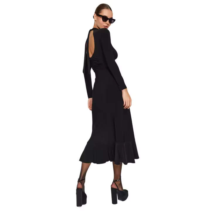 Trendyol Black Backless Flounce Skirt High Neck Maxi Length Flexible Knitted Dress Twoaw24El00380 - 1