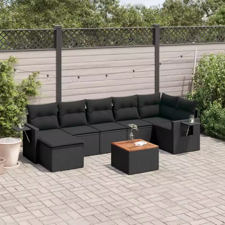 vidaXL Set de sofás de jardín 8 piezas y cojines ratán sintético negro - 1
