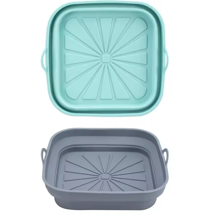 2 Piezas Bandeja Accesorios para Freidora sin Aceite Reutilizable Recipientes Cuadrado Cesta Utensilios para Air Fryer, Microondas, Horno, Silicona, Azul+Gris - 1