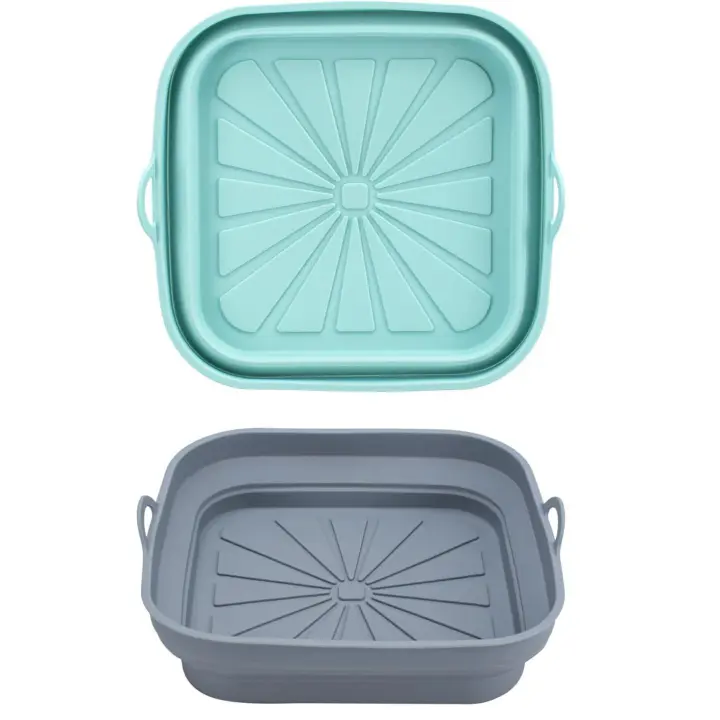 2 Piezas Bandeja Accesorios para Freidora sin Aceite Reutilizable Recipientes Cuadrado Cesta Utensilios para Air Fryer, Microondas, Horno, Silicona, Azul+Gris - 1
