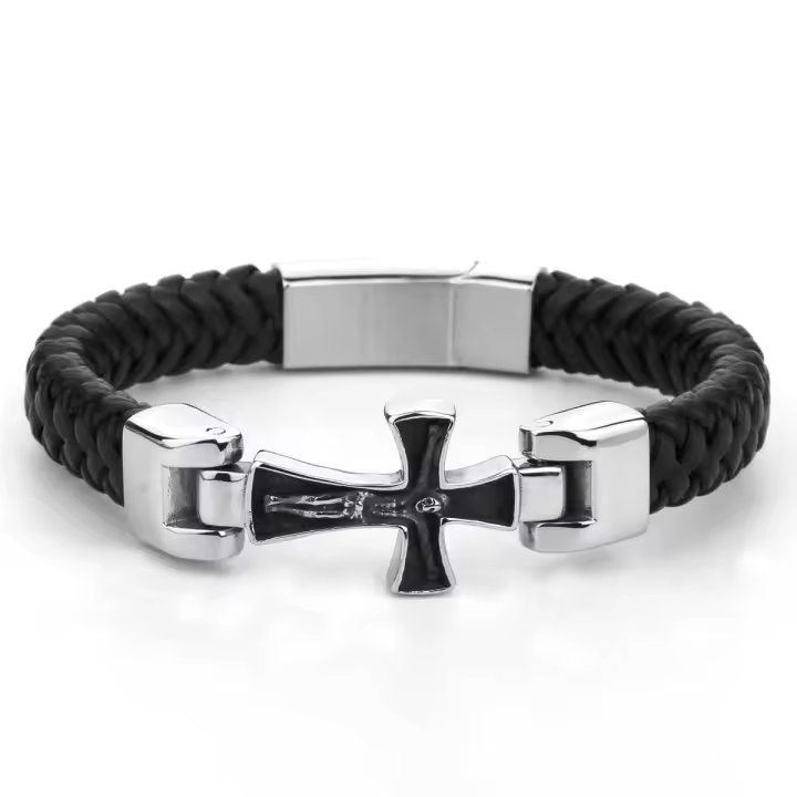 Pulsera Cruz de Cuero Trenzado y Acero Inoxidable cierre Imán Diseño Crucificado Amuleto - 1