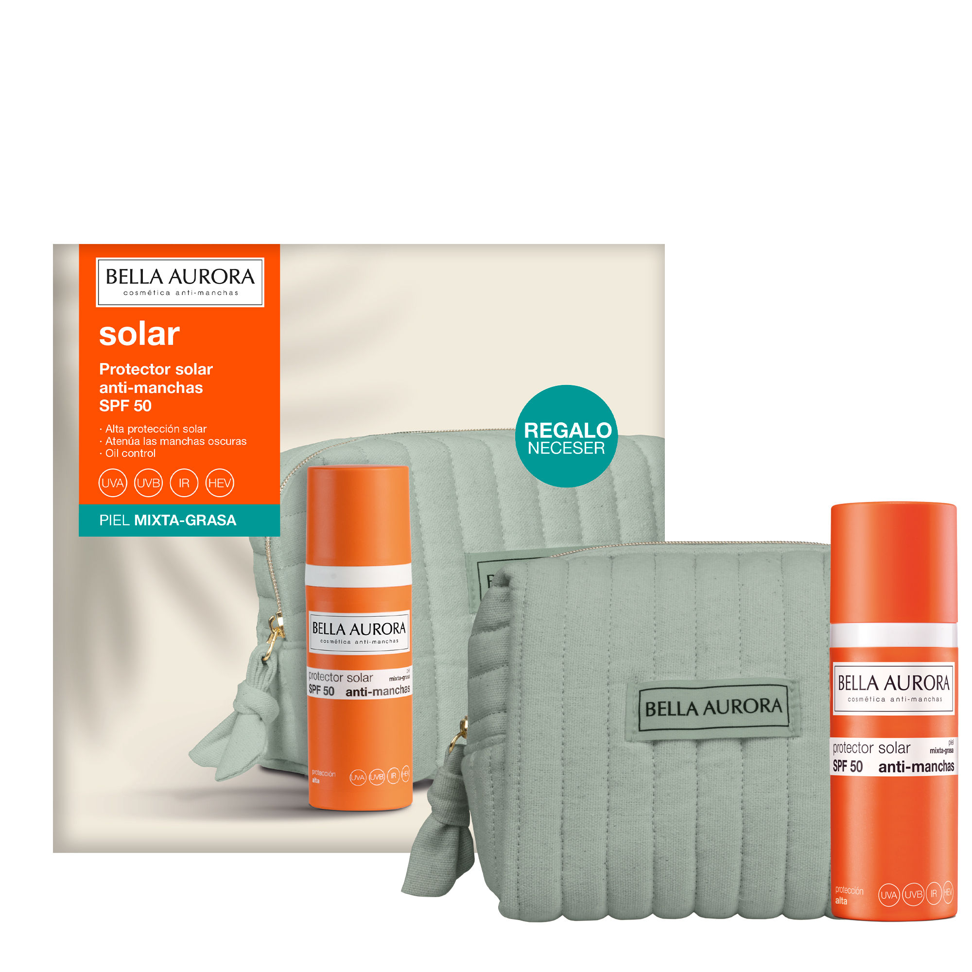 BELLA AURORA Pack Gel Solar SPF50 Piel Mixta-Grasa 50ml + Neceser Regalo | Protector Solar Anti-Manchas Alta Protección UVA UVB IR HEV | Textura Ligera y Oil Control