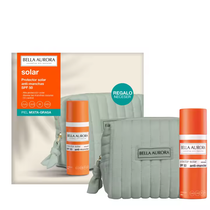 BELLA AURORA Pack Gel Solar SPF50 Piel Mixta-Grasa 50ml + Neceser Regalo | Protector Solar Anti-Manchas Alta Protección UVA UVB IR HEV | Textura Ligera y Oil Control - 1