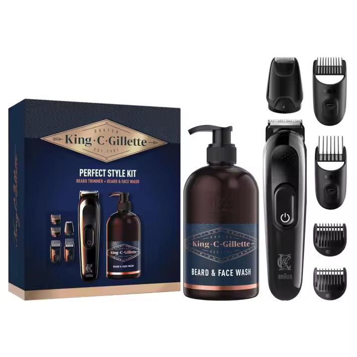GILLETTE KING.C.STYLE, Kit Barbero KING.C.STYLE KIT BEARD TRIMMER + FACE WASH, Batería 50 min, 4 peines de 1mm hasta 21mm, Gel limpiador incluido - 1