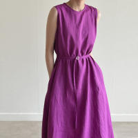 Vestido Largo Vintage De Algodón Y Lino Para Mujer REALEFT Sin Mangas Estilo Casual Suelto Con Cinturones Verano 2025 - details 8