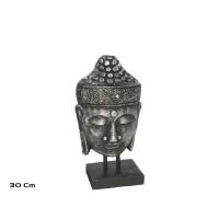 Gissed- Estatua Decorativa de Buda, Cabeza de Madera Plateada con Base, Estilo Zen Asiático para Hogar - details 2