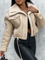 Chaqueta Motera De Cuero Sintético Para Mujer Con Cuello Acordonado De Peluche Vintage Chaqueta Moto Caliente De Invierno Outerwear - details 7