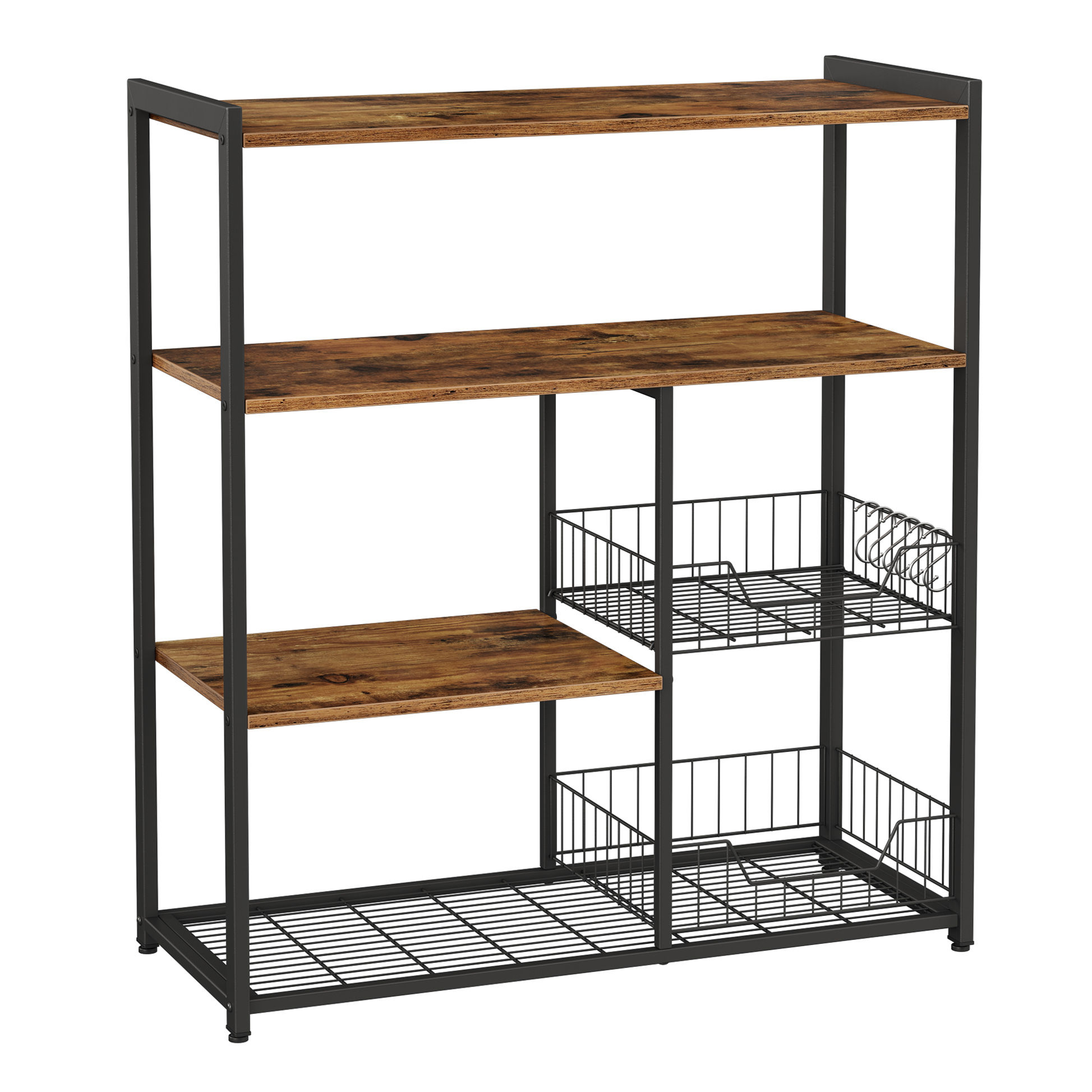 VASAGLE Estantería de Cocina con 2 Cestas de Malla Metálica, Estantería para Microondas, con Estantes y Ganchos, 35 x 80 x 95 cm, Estilo Industrial, Marrón Rústico y Negro Tinta/Gris Carbón y Negro Tinta/Nogal Medio y Blanco