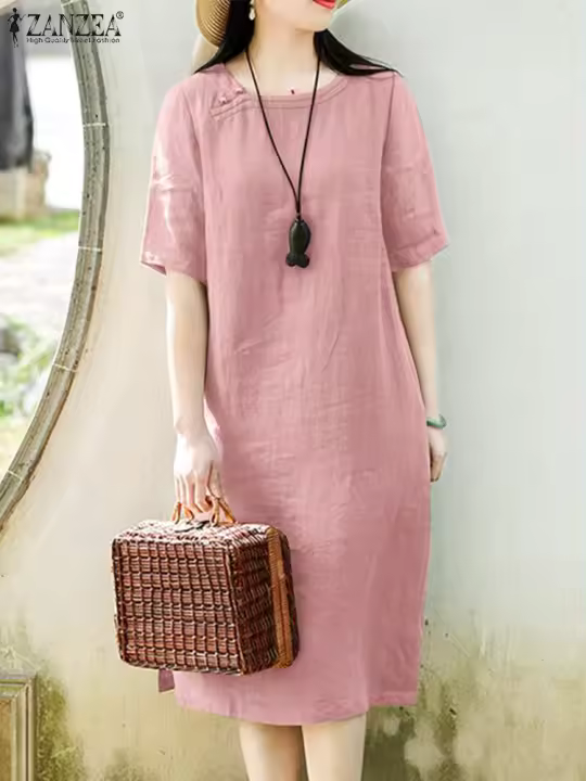ZANZEA Vestido De Mujer Verano Moda Algodón Sundress Corto Manga O-Neck Color Sólido Elegante Holiday Midi Robe Female - 1