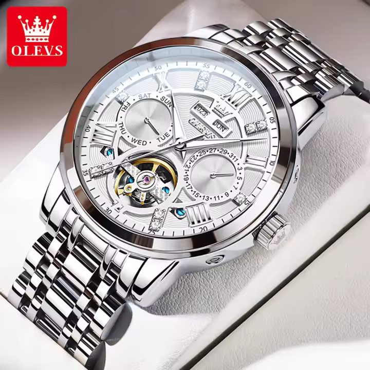 Reloj Mecánico Para Hombre OLEVSSkeketon Flywheel Auténtico Resistente Al Agua Luminoso Calendario Perpetuo Display Romano Acero Inoxidable - 1