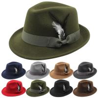 Sombrero Fedora Clásico Para Hombres Color Sólido Con Decoración De Pluma Estilo Elegante Para Caballeros Adecuado Para Fiestas Y Salones De Baile - details 0